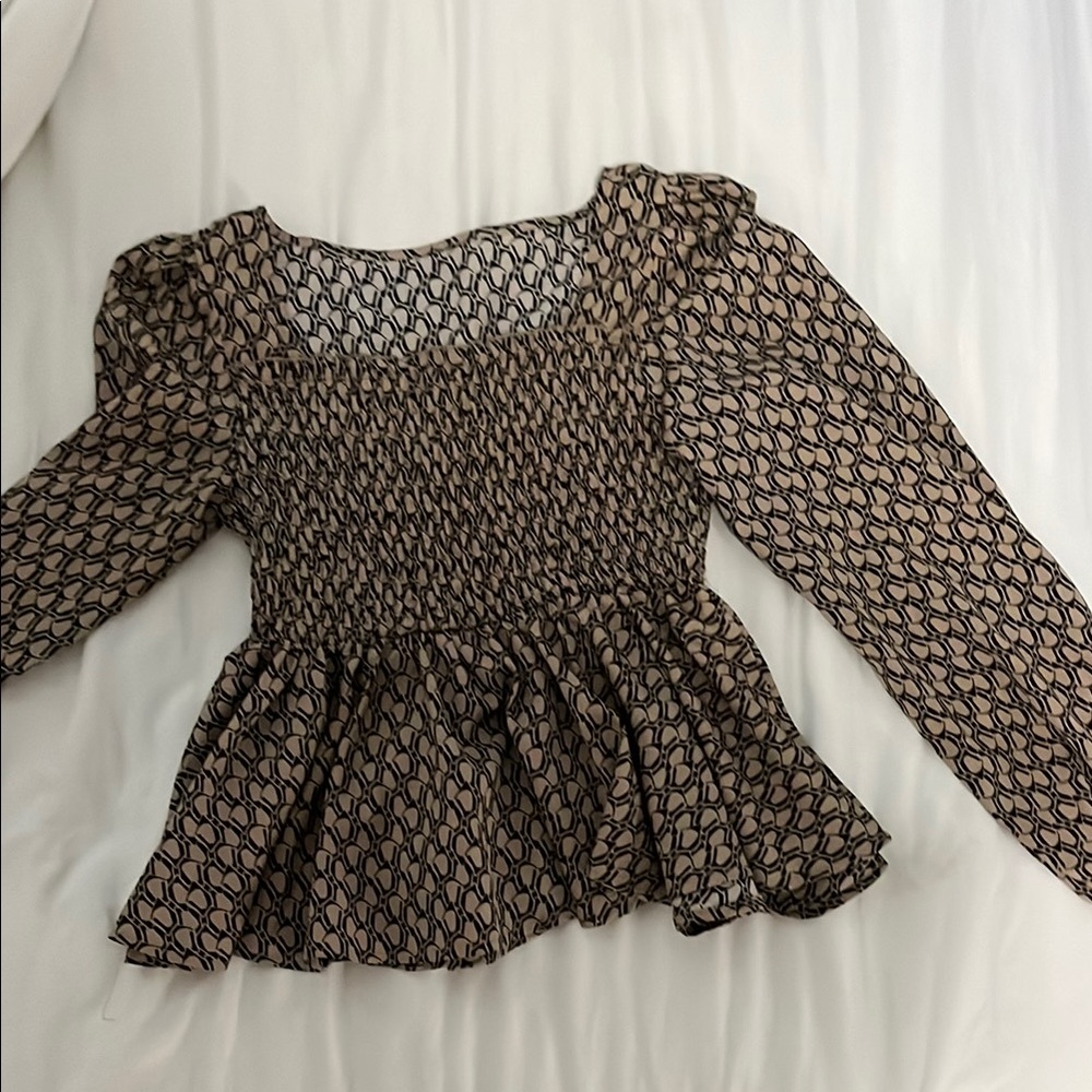 Amazon Black and Brown Puff Sleeve Smocked Peplum Blouse